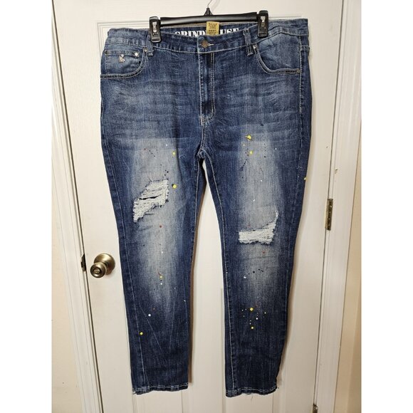Grindhouse Jeans Mens 42x32 Paint Style  Distressed Straight Leg  Blue Jeans - Picture 1 of 14
